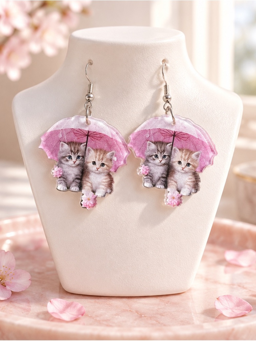 Fashion Jewelry Pink Kitten Umbrella Dangle Earrings